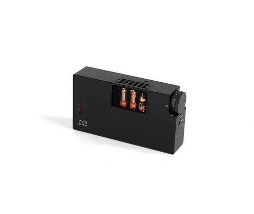 High-end black portable headphone tube amplifier with visible vacuum tubes, sold by The Source AV.