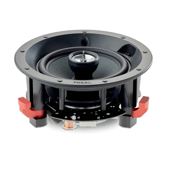 Focal in-ceiling speaker with black frame and red mounting clips, high-end audio equipment