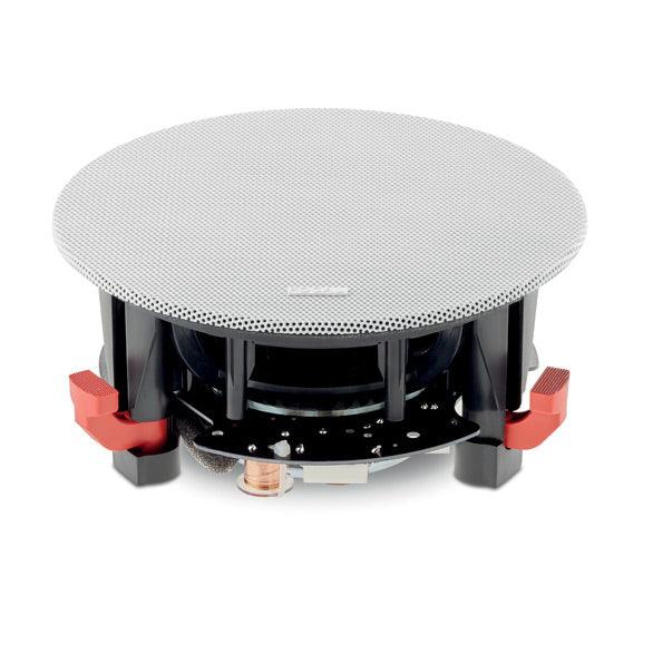 Focal in-ceiling speaker with black frame and red mounting clips, high-end audio equipment