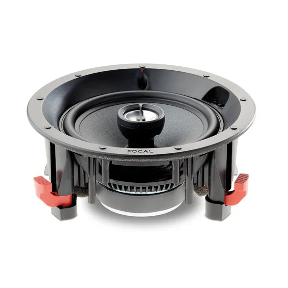 Focal in-ceiling speaker with black finish and red mounting clips, high-end audio equipment