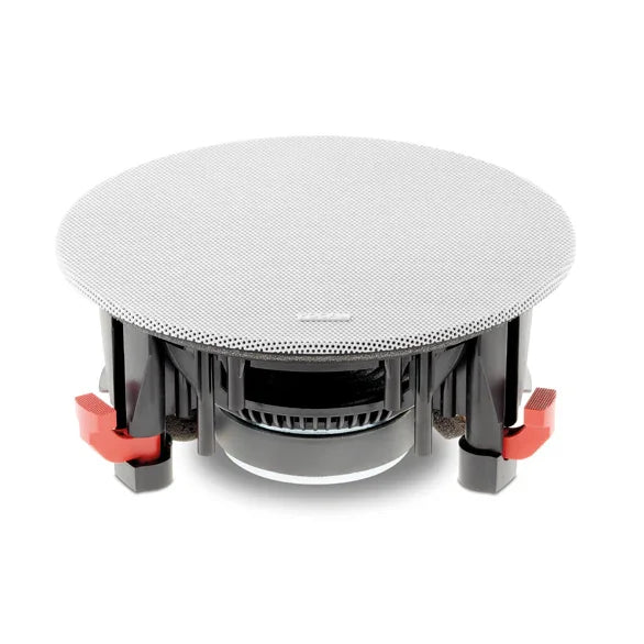Focal in-ceiling speaker with black finish and red mounting clips, high-end audio equipment