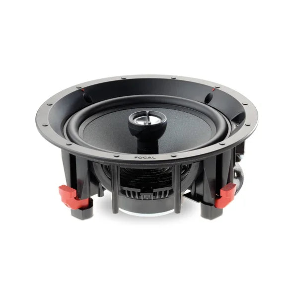 Focal in-ceiling speaker with black round frame and red mounting clips, audio equipment