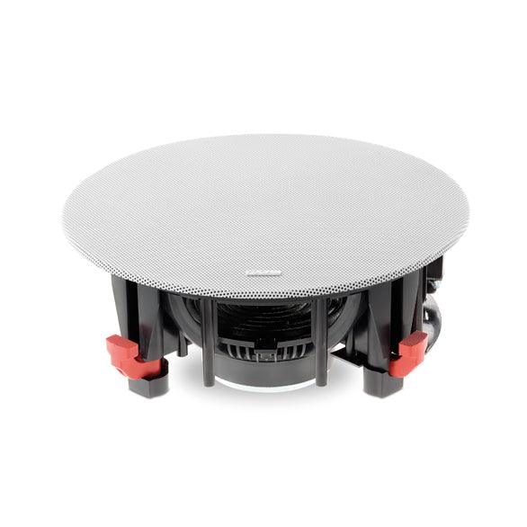 Focal in-ceiling speaker with black round frame and red mounting clips, audio equipment