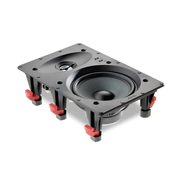 Rectangular in-wall audio speaker with black frame and red mounting clips, high-fidelity driver.
