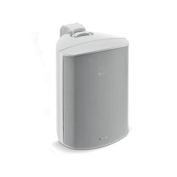 White wall-mounted audio speaker with front grille, ideal for home theater or outdoor use