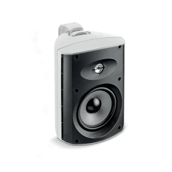 White wall-mounted audio speaker with front grille, ideal for home theater or outdoor use