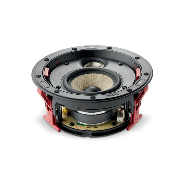 Focal in-ceiling speaker driver with black frame and visible internal components, high-end audio equipment