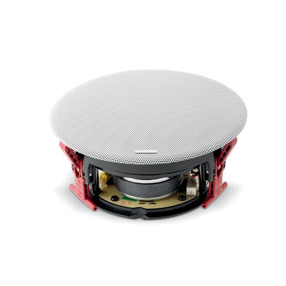 Focal in-ceiling speaker driver with black frame and visible internal components, high-end audio equipment