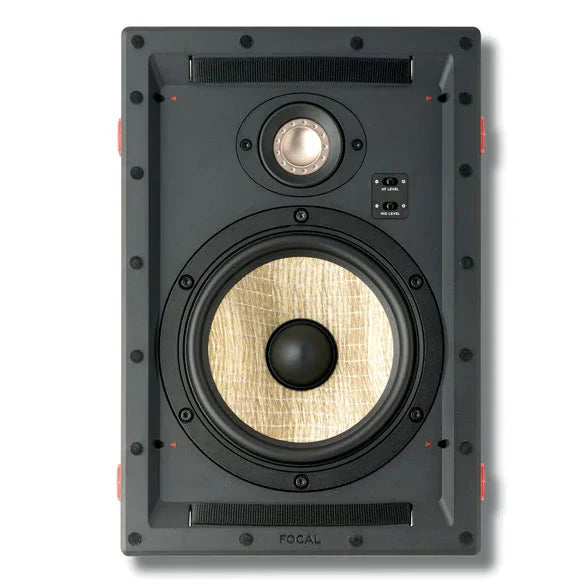 Focal in-wall speaker with black frame and yellow cone, high-end audio equipment