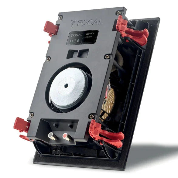 Focal in-wall speaker with black frame and yellow cone, high-end audio equipment