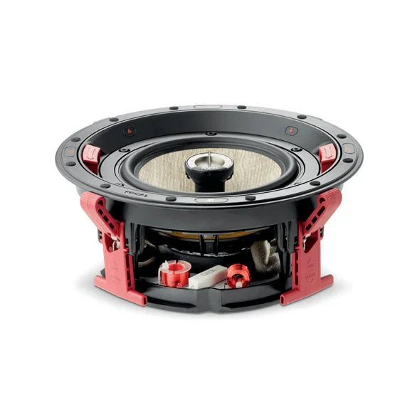 Focal in-ceiling speaker with black frame and red mounting clips, high-end audio equipment