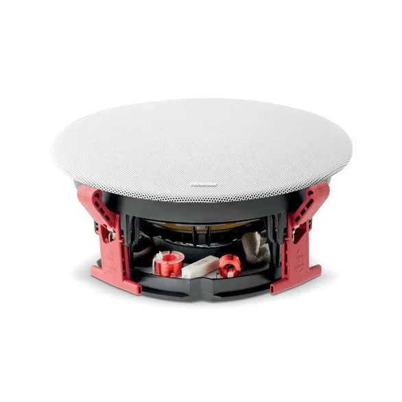 Focal in-ceiling speaker with black frame and red mounting clips, high-end audio equipment