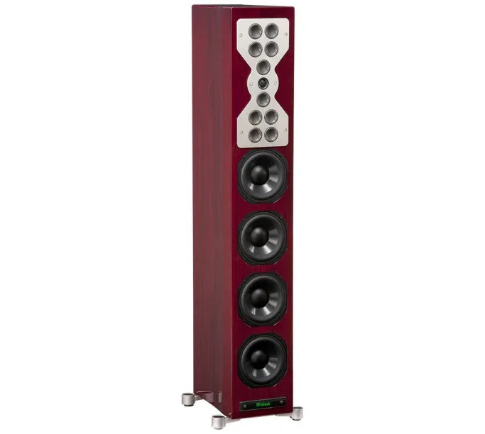High-end floor standing speaker with multiple drivers in a sleek red wood finish, audio equipment