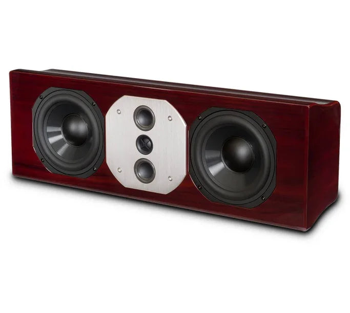 High-end wooden center channel speaker with dual woofers and silver accent, The Source AV