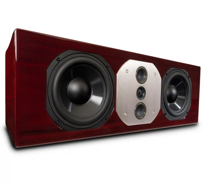 High-end wooden center channel speaker with dual woofers and silver accent, The Source AV