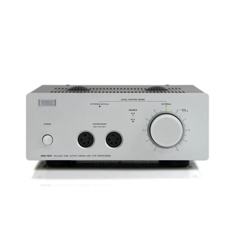 STAX SRM-700T silver headphone amplifier with dual inputs and large volume knob, The Source AV