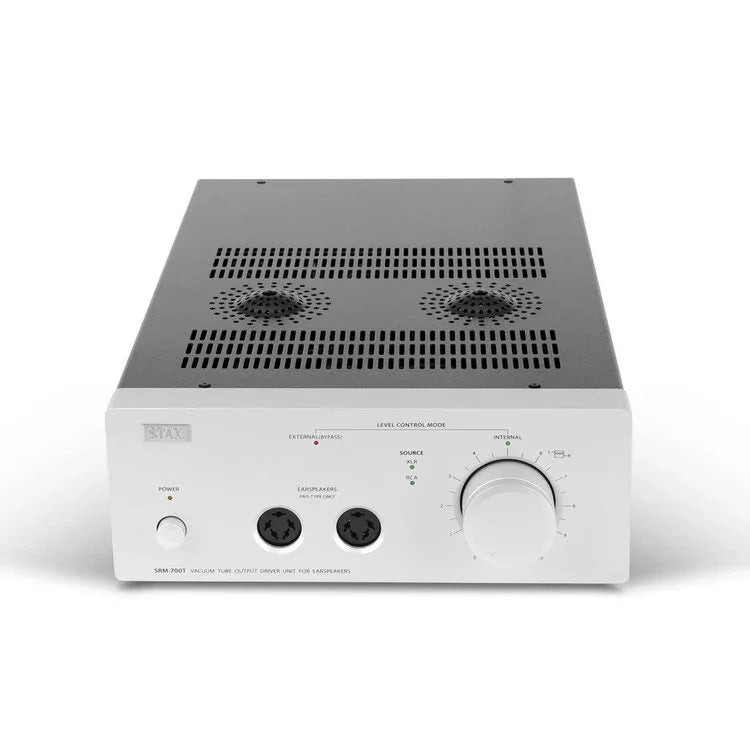 STAX SRM-700T silver headphone amplifier with dual inputs and large volume knob, The Source AV