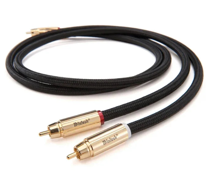 McIntosh gold RCA audio cable with black braided sleeve, high-end AV equipment accessory