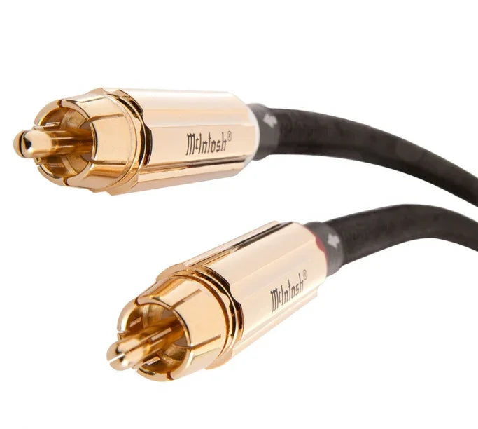 McIntosh gold RCA audio cable with black braided sleeve, high-end AV equipment accessory