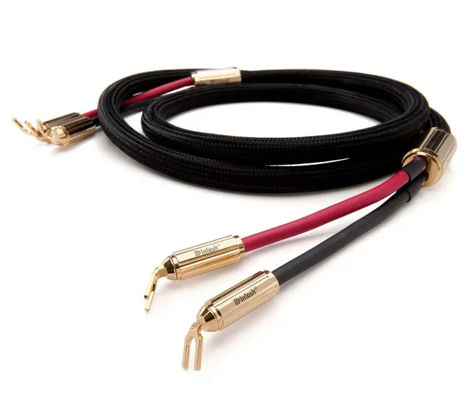 High-end McIntosh speaker cable with gold-plated spade connectors and black braided jacket