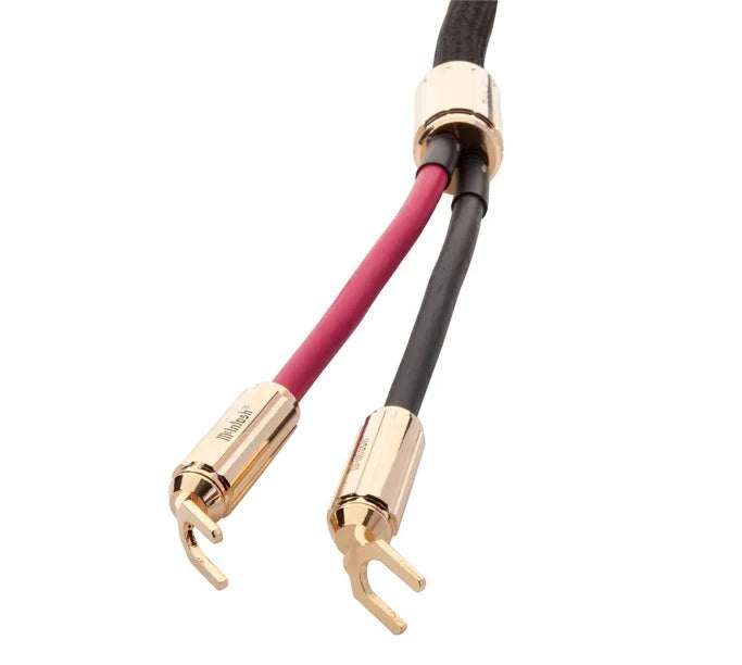 High-end McIntosh speaker cable with gold-plated spade connectors and black braided jacket
