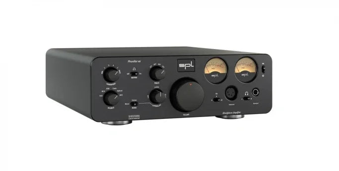 SPL headphone amplifier with VU meters, black chassis, and audio control knobs on white background