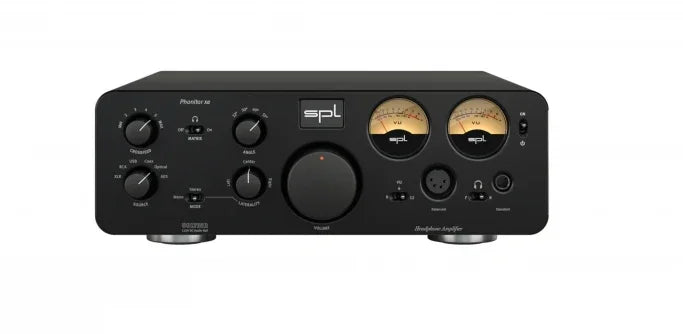 SPL Phonitor XE headphone amplifier with analog VU meters, black finish, high-end audio equipment.