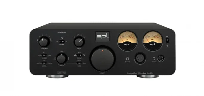 SPL Phonitor x headphone amplifier with dual VU meters and front audio controls, high-end audio equipment from The Source AV