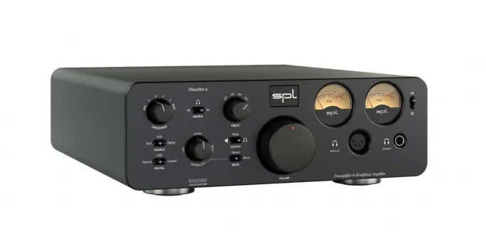 SPL headphone amplifier with dual VU meters, multiple control knobs, and front audio input ports