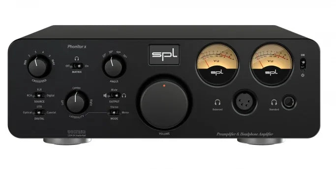 SPL headphone amplifier with dual VU meters, multiple control knobs, and front audio input ports