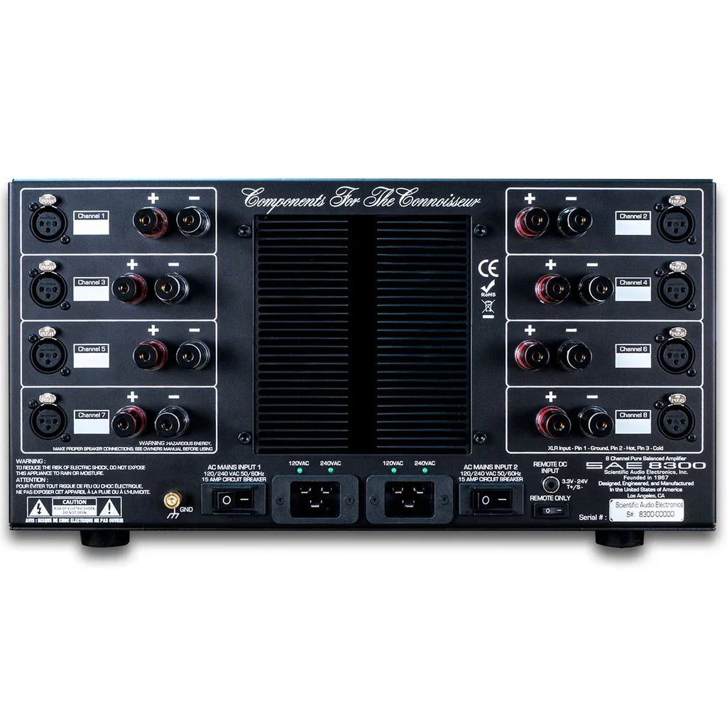 SAE black audio power amplifier with blue LED display, high-end home audio equipment