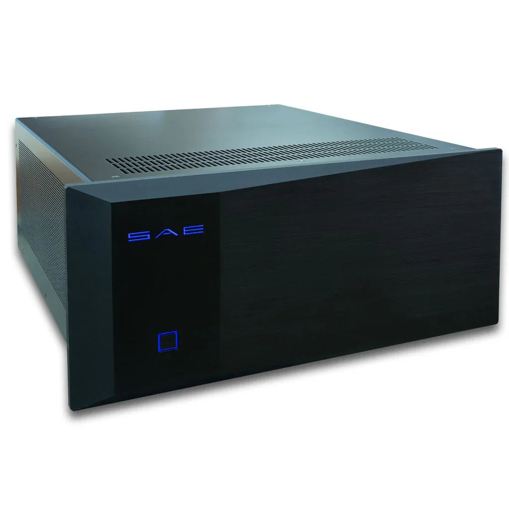 SAE black audio power amplifier with blue LED display, high-end home audio equipment