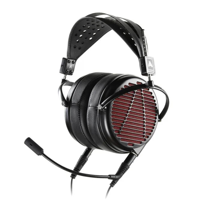 High-end black and red over-ear headphones with boom microphone, available at The Source AV
