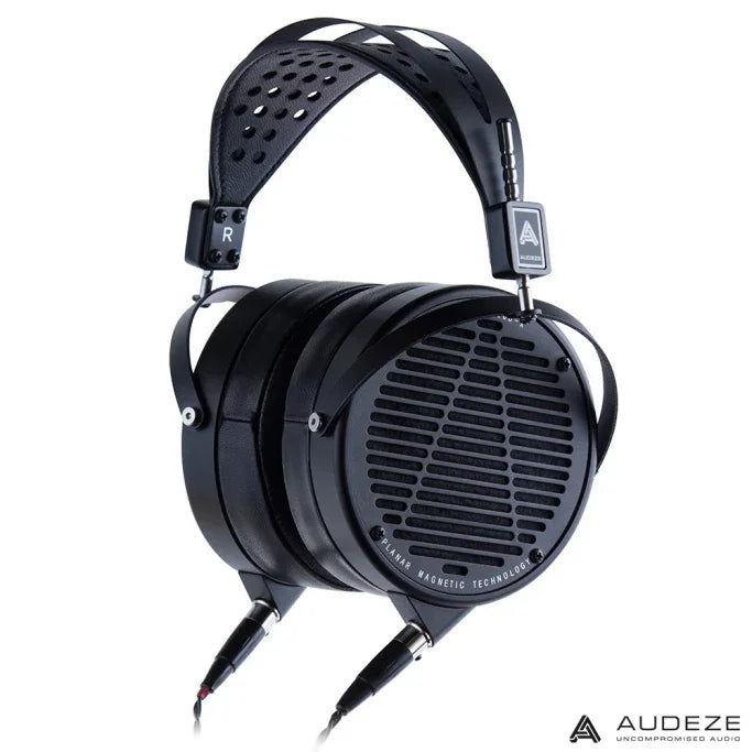 Audeze planar magnetic headphones with black open-back ear cups, shown on white background.