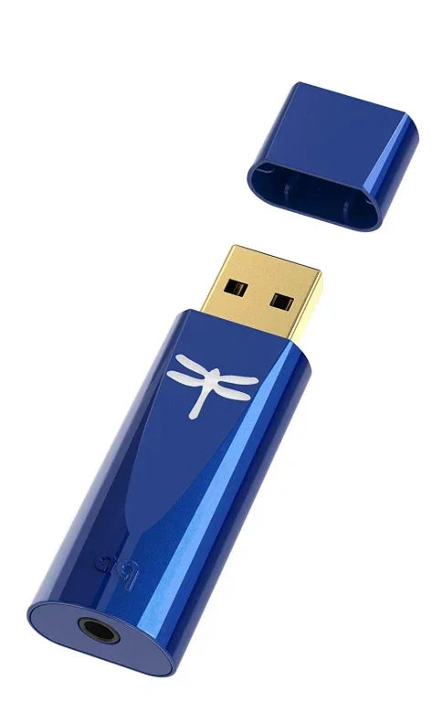 Blue USB audio DAC device with cap removed, shown on white background, The Source AV