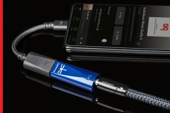 Blue USB audio DAC device with cap removed, shown on white background, The Source AV