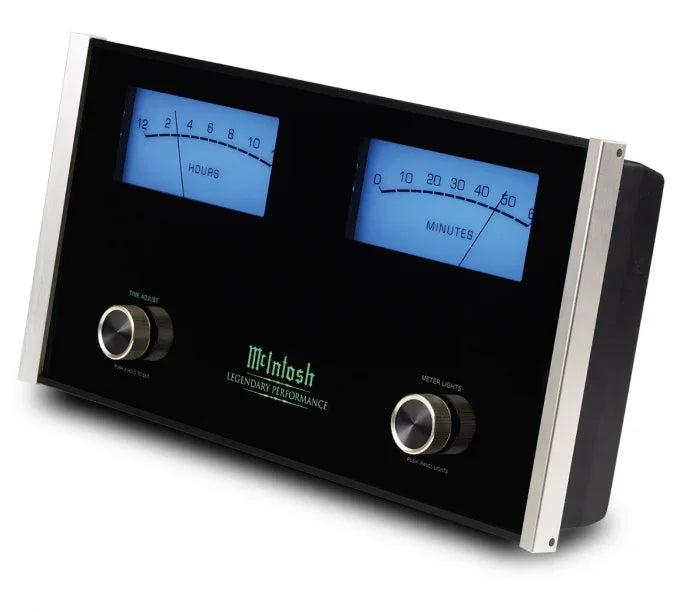 McIntosh audio timer with dual analog meters, hours and minutes, high-end audio equipment