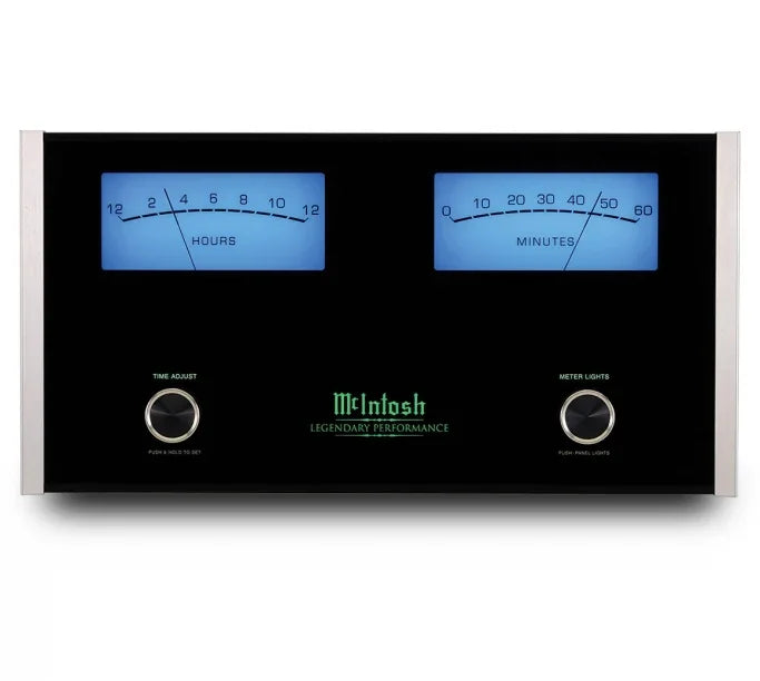 McIntosh audio timer with dual analog meters, hours and minutes, high-end audio equipment