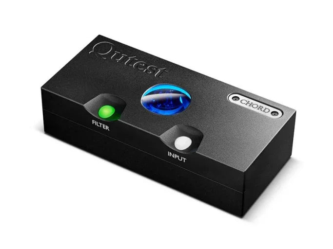 Chord Qutest black DAC with colored LED buttons on display, premium audio equipment at The Source AV