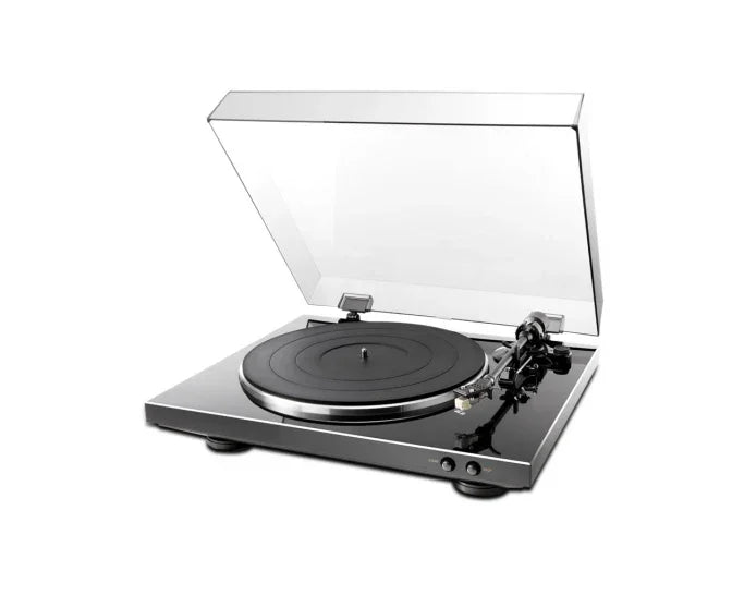 High-quality modern turntable with clear dust cover from The Source AV