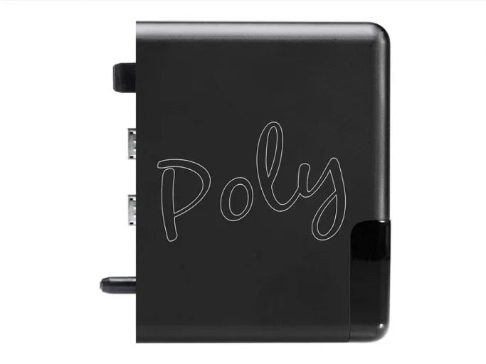 Black Poly audio device with side ports, high-end audio equipment at The Source AV