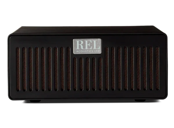 REL Acoustics AirBass wireless audio receiver front view, black metal grille design, The Source AV