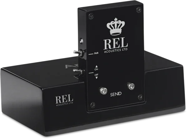 REL Acoustics wireless audio transmitter unit, black, with controls and logo visible.