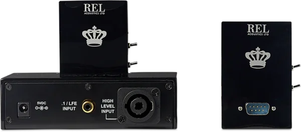REL Acoustics wireless audio transmitter unit, black, with controls and logo visible.