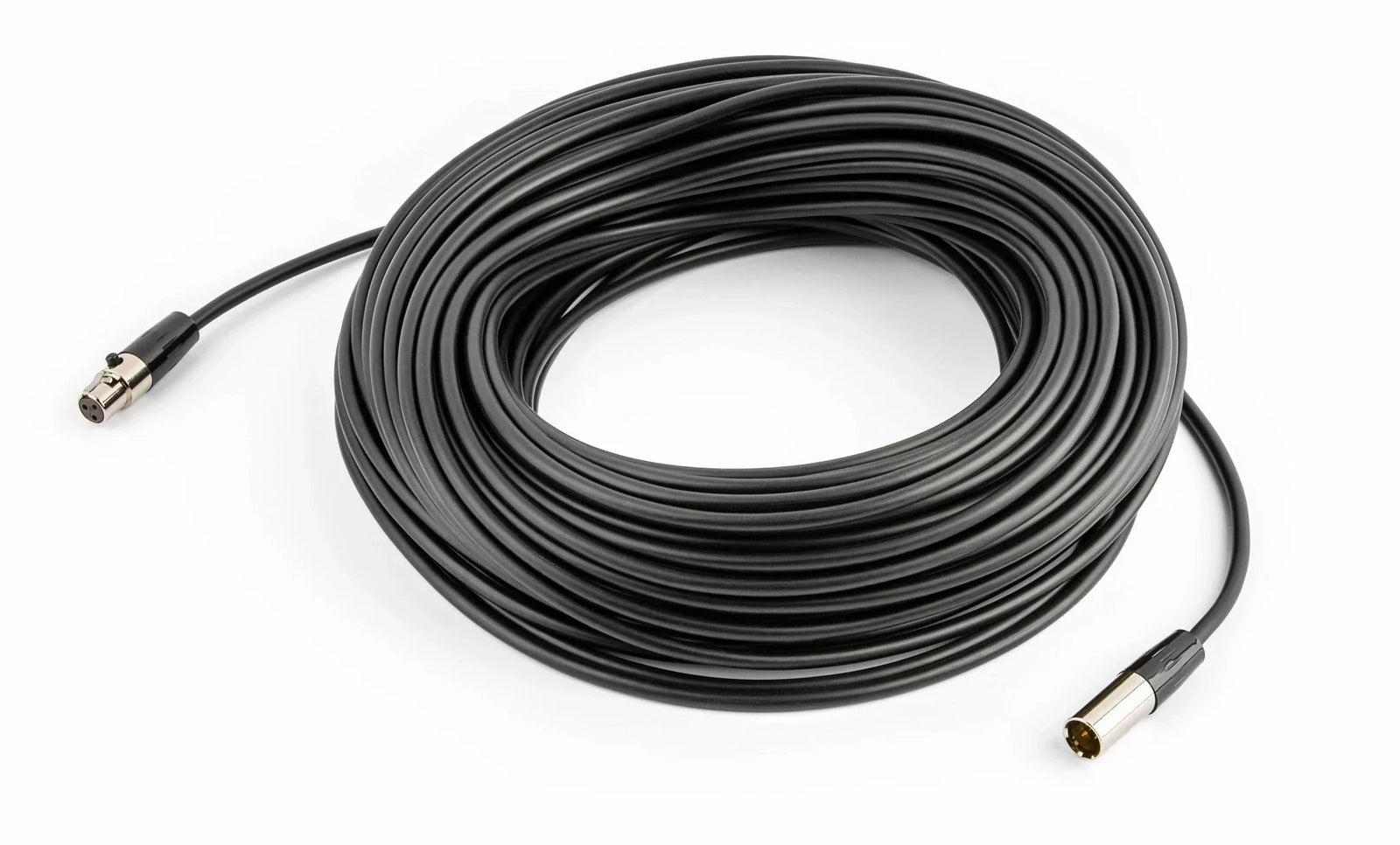 Coiled black XLR microphone extension cable with metal connectors for professional audio