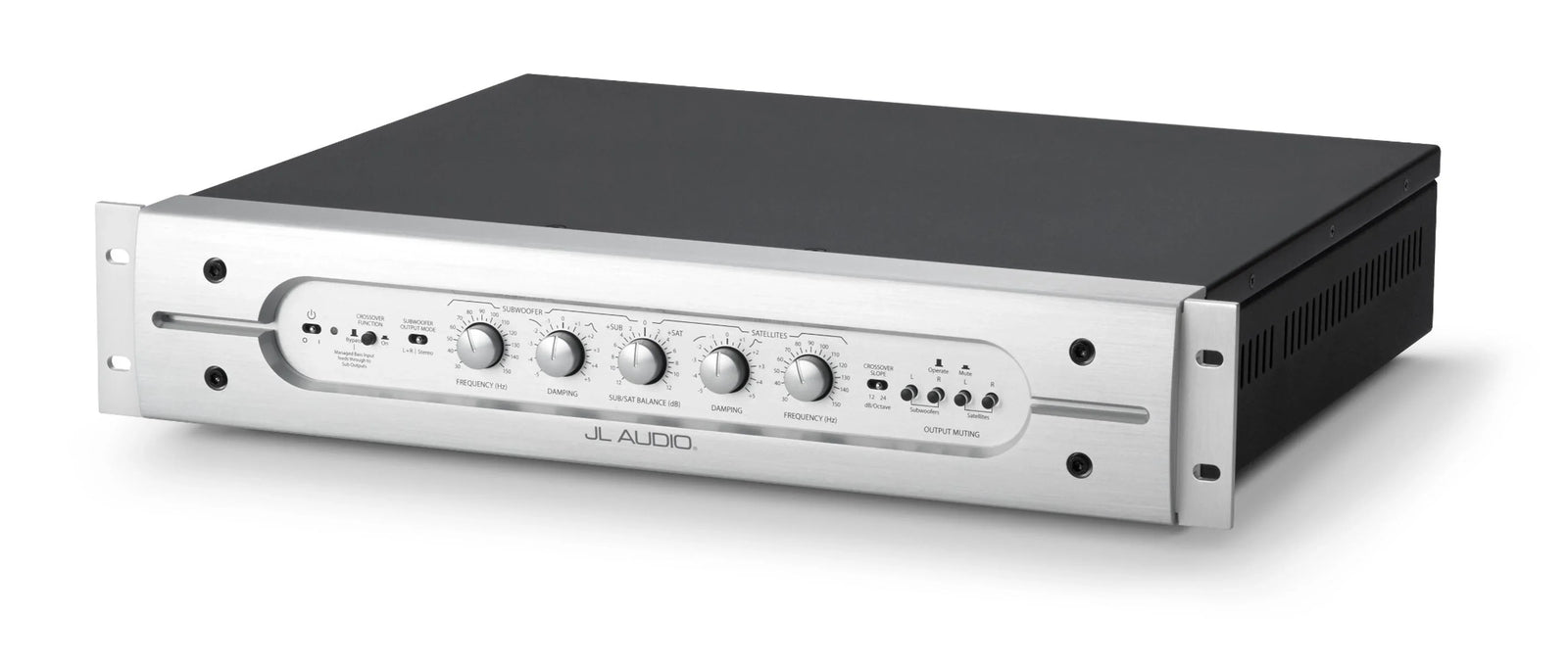 JL Audio silver rackmount stereo audio processor with control knobs and black chassis