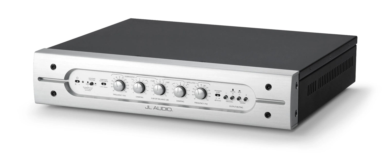 JL Audio silver rackmount stereo audio processor with control knobs and black chassis
