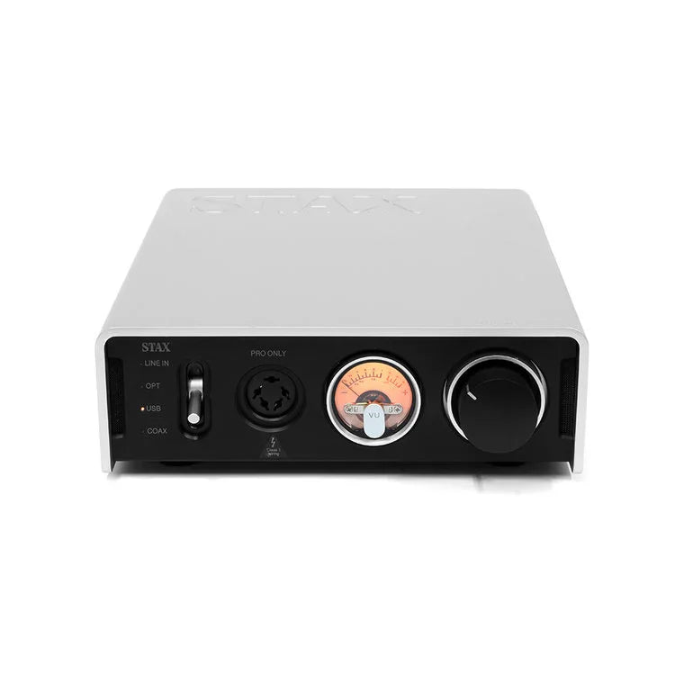 STAX headphone amplifier with VU meter, input selector, and volume knob on a white background