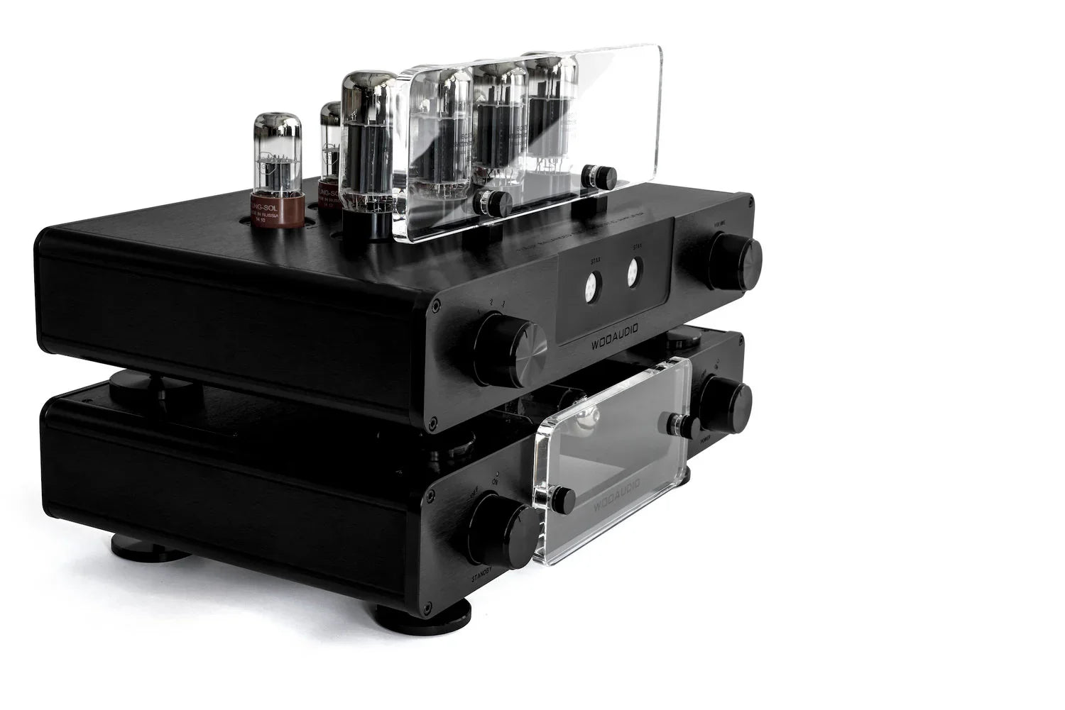 Woo Audio black tube headphone amplifier and preamp on white background