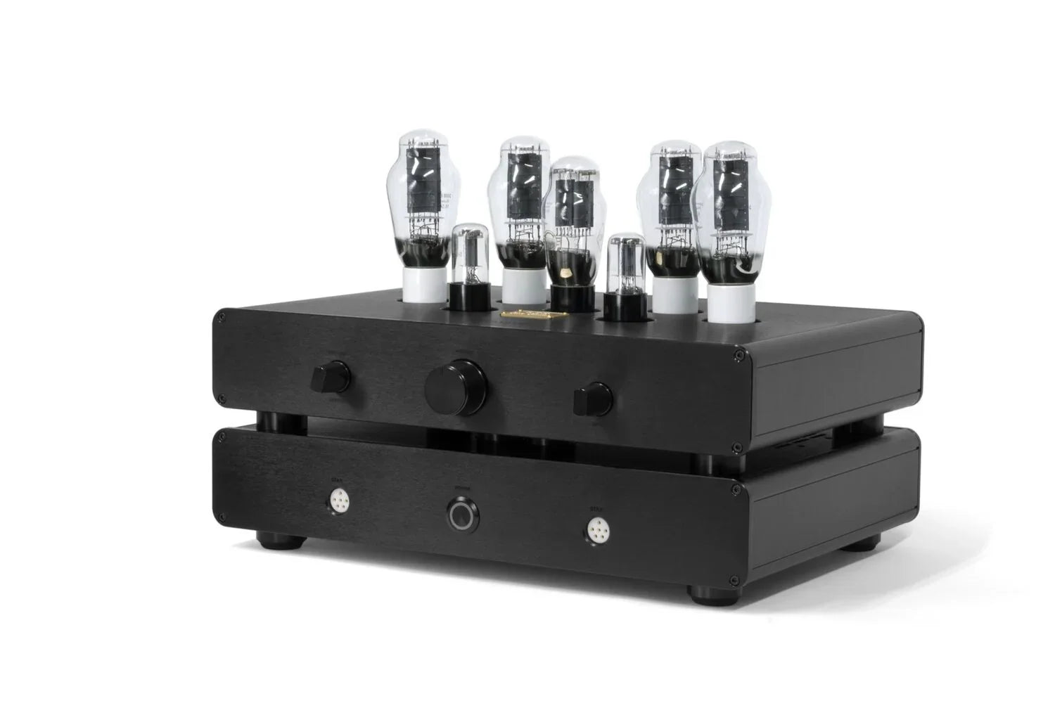High-end black tube amplifier with visible vacuum tubes, for premium audio systems from The Source AV